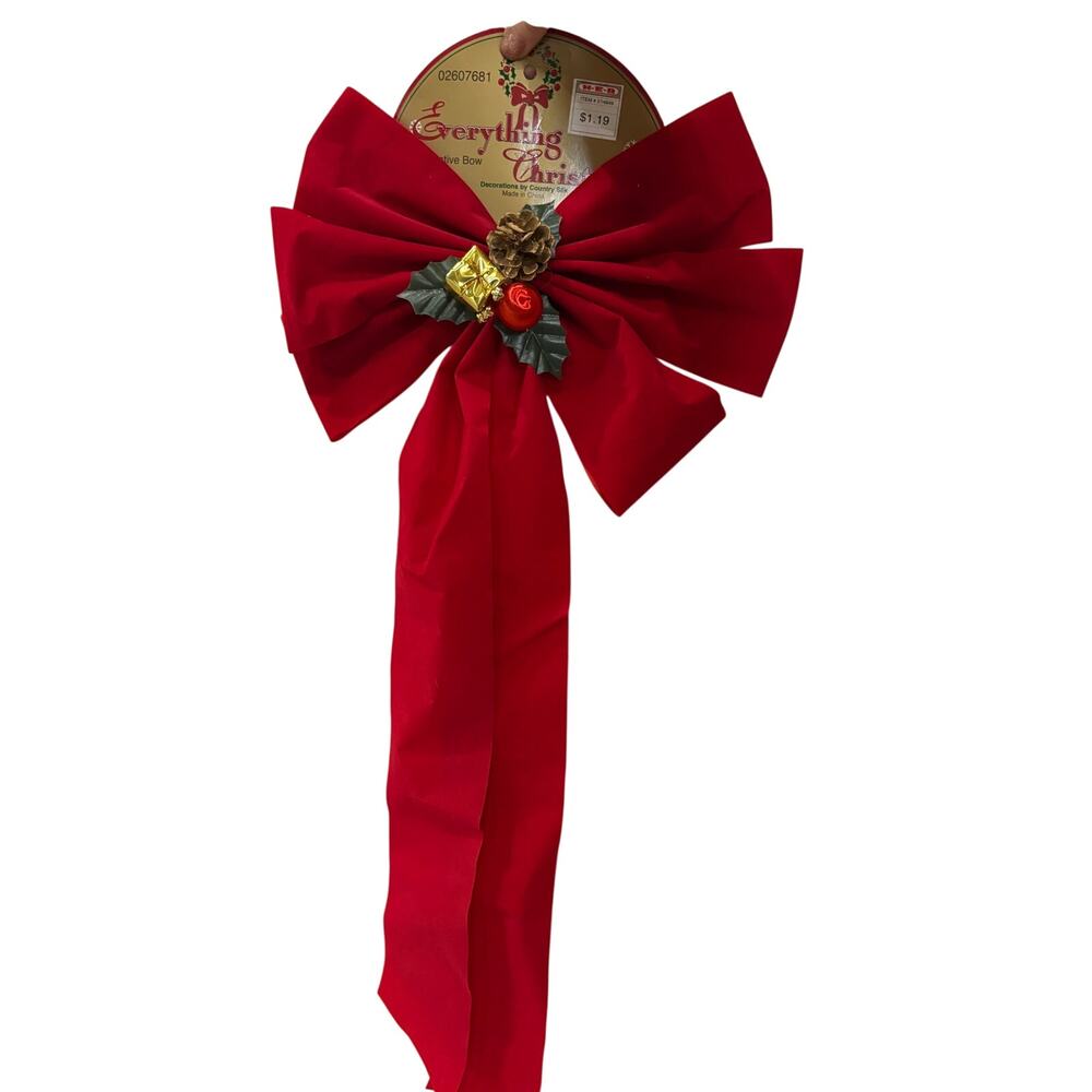 Vintage NOS Everything Christmas Red Velvet Decorative Bow Pinecone Bells 24”